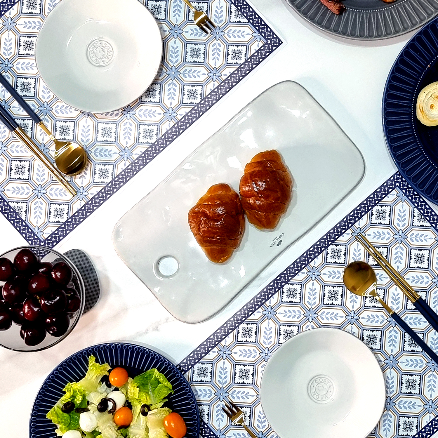 일회용 종이 식탁매트 10P 세트 블루 옐로우 패턴 엘라다이닝