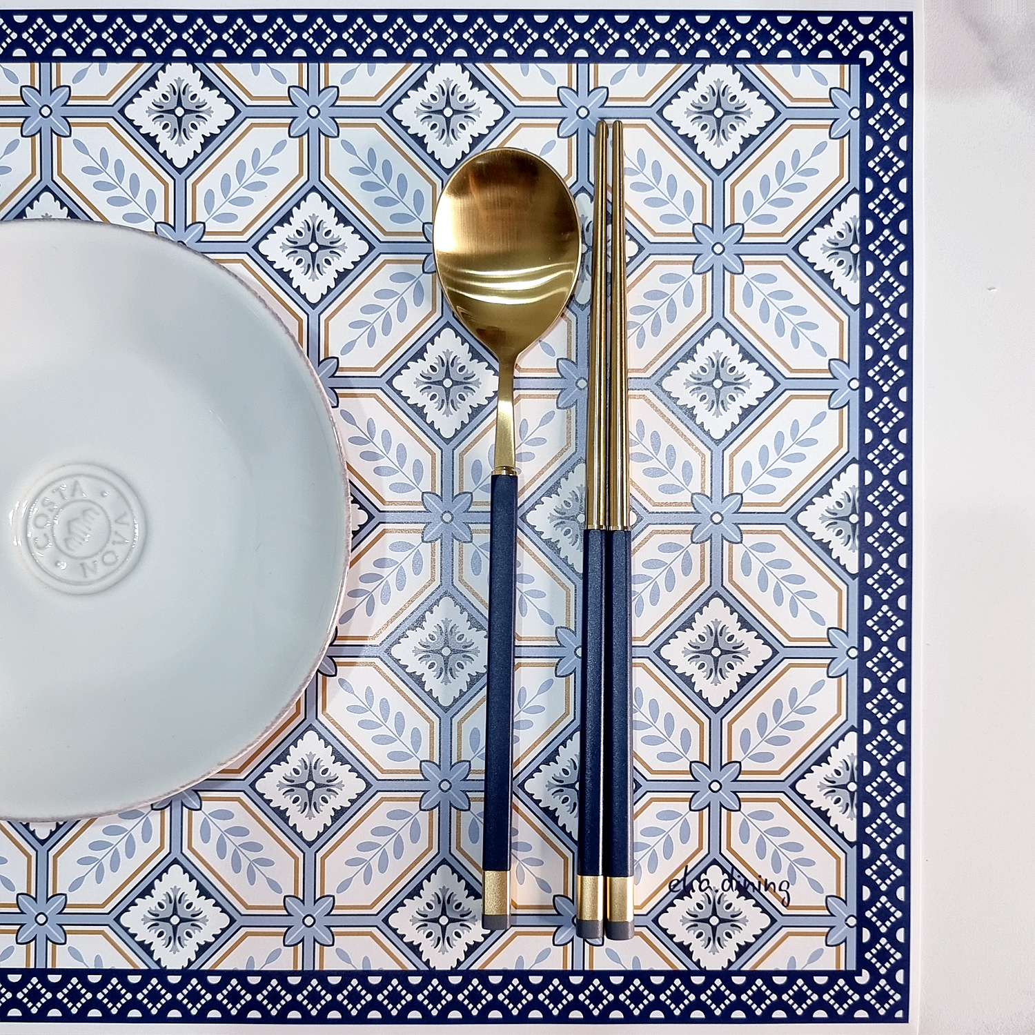 일회용 종이 식탁매트 10P 세트 블루 옐로우 패턴 엘라다이닝