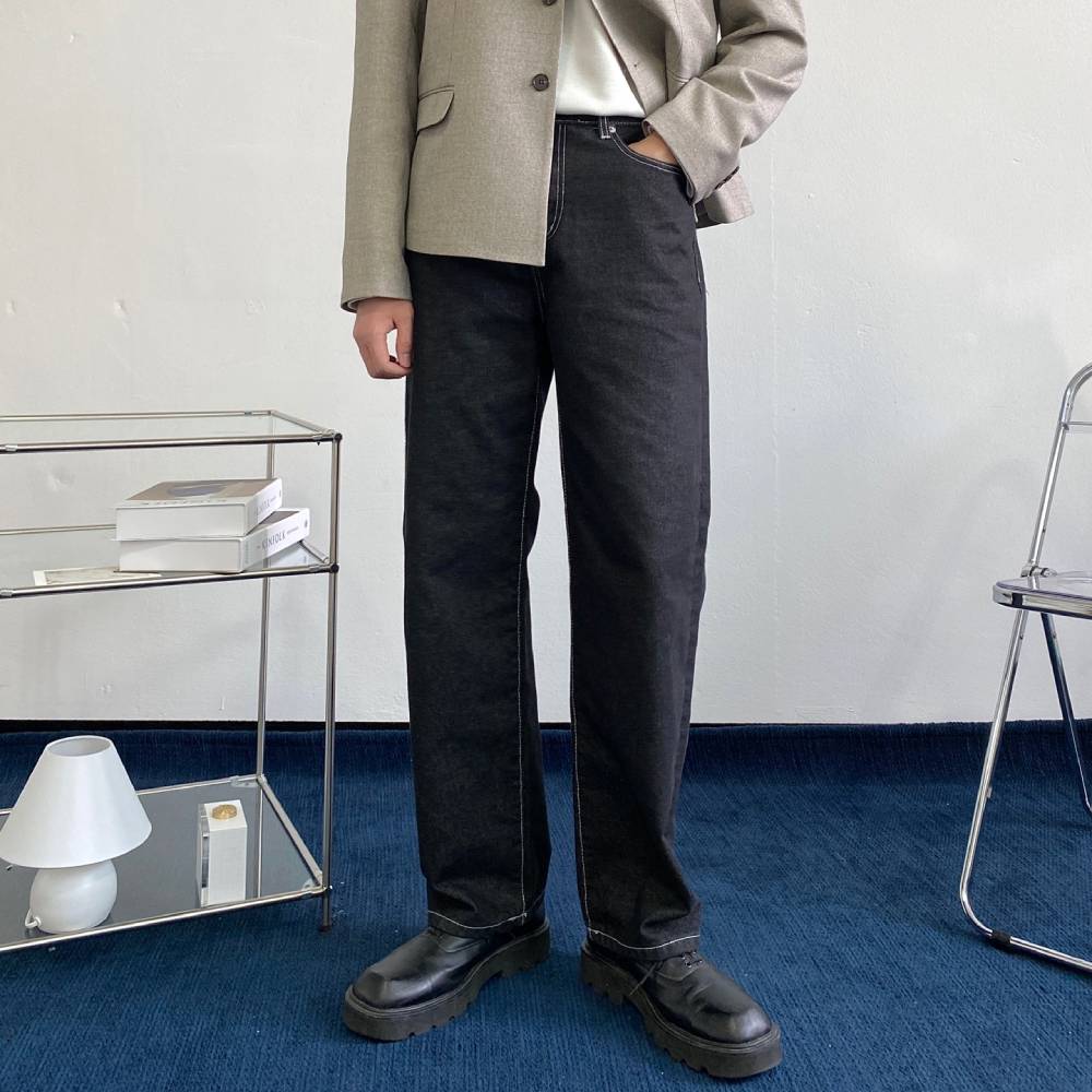 이염없는 남자 생지 데님 와이드 팬츠 진청바지 물빠짐없는 셀비지데님 시티보이룩 - 상세 이미지 5