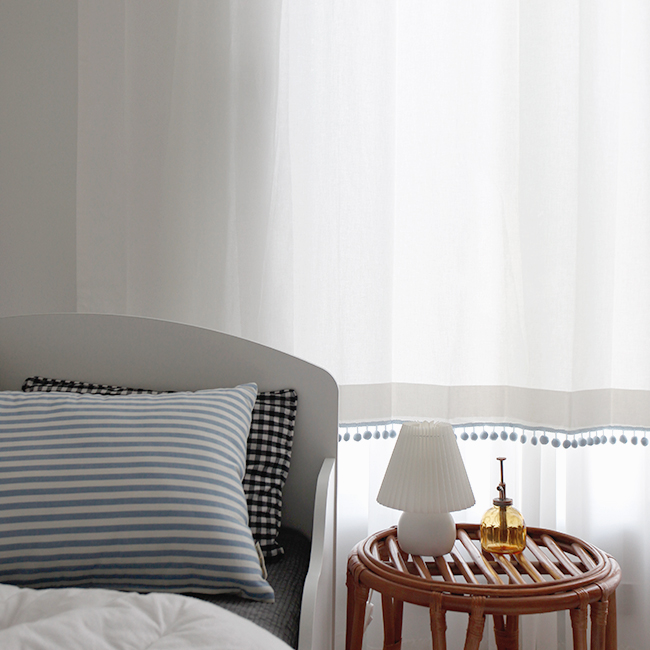 무지 폼폼 커튼 블루 남아 여아 키즈 아이방