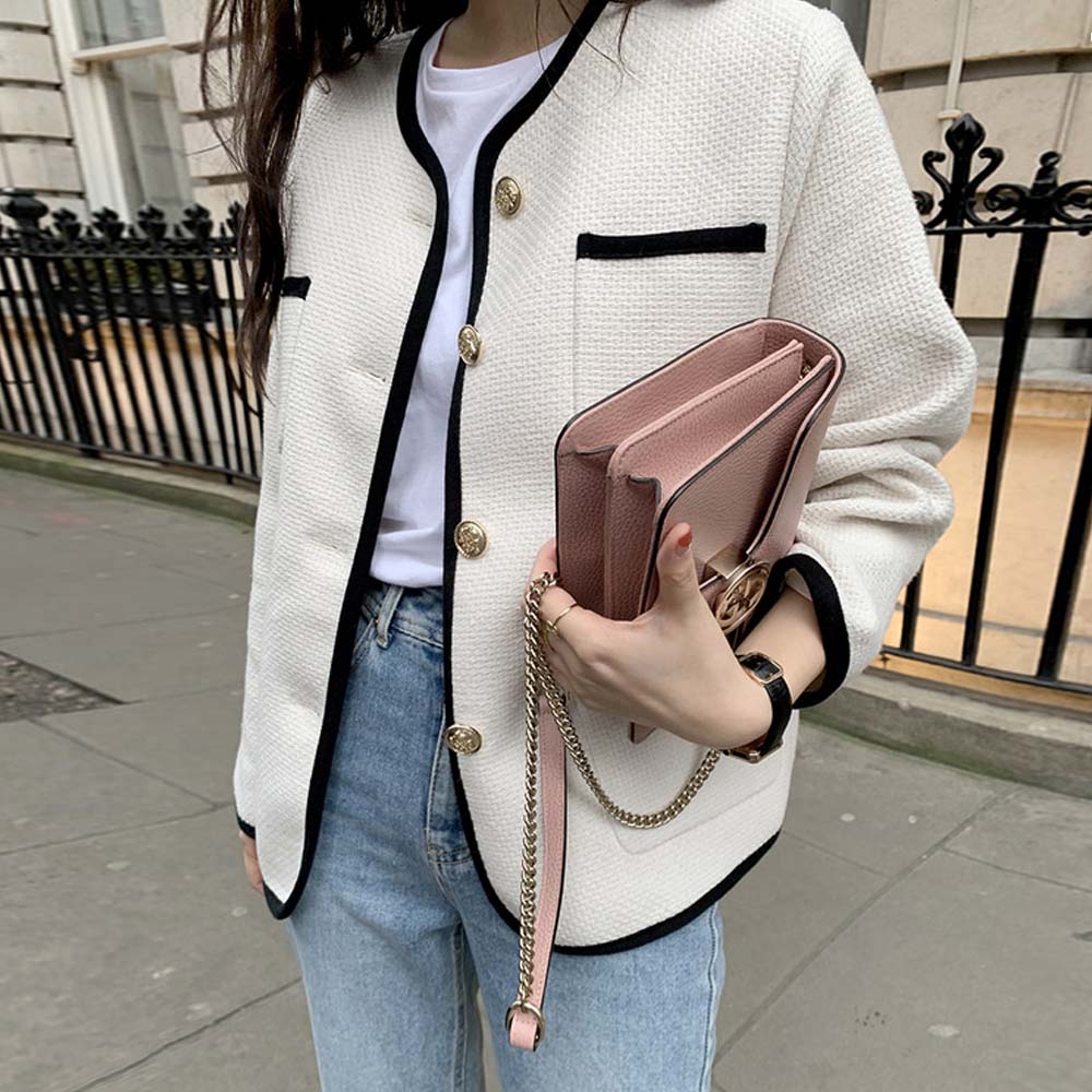 마엘 진주버튼 루즈핏 배색 트위드 자켓(블랙,아이보리)봄 간절기 하객 가디건 오피스룩