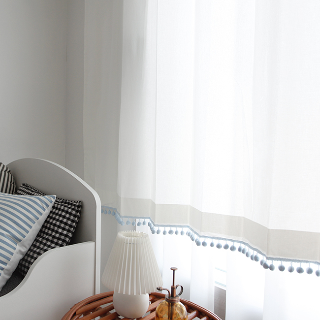 무지 폼폼 커튼 블루 남아 여아 키즈 아이방