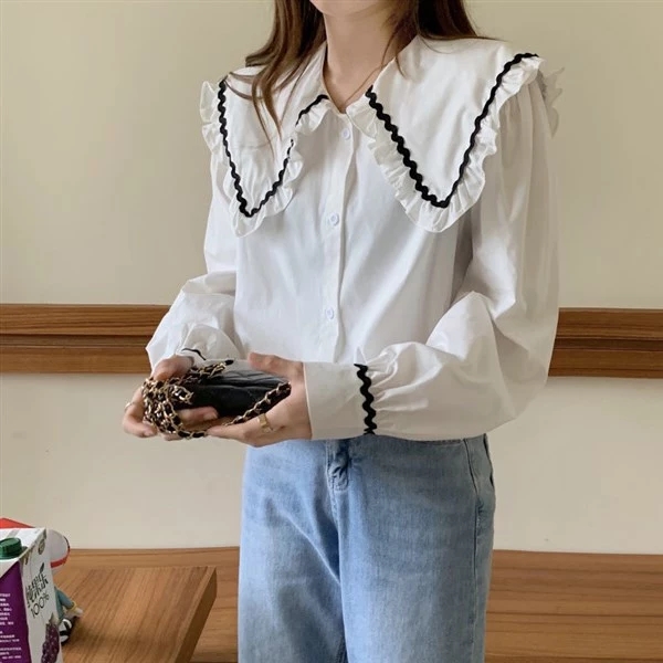 펀 모던 지그재그 꼬불 배색 스티치 세라 빅카라 코튼 긴팔 블라우스 유니크 러블리 독특 - 상세 이미지 5