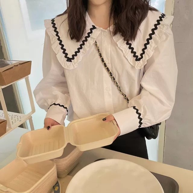 펀 모던 지그재그 꼬불 배색 스티치 세라 빅카라 코튼 긴팔 블라우스 유니크 러블리 독특 - 상세 이미지 4