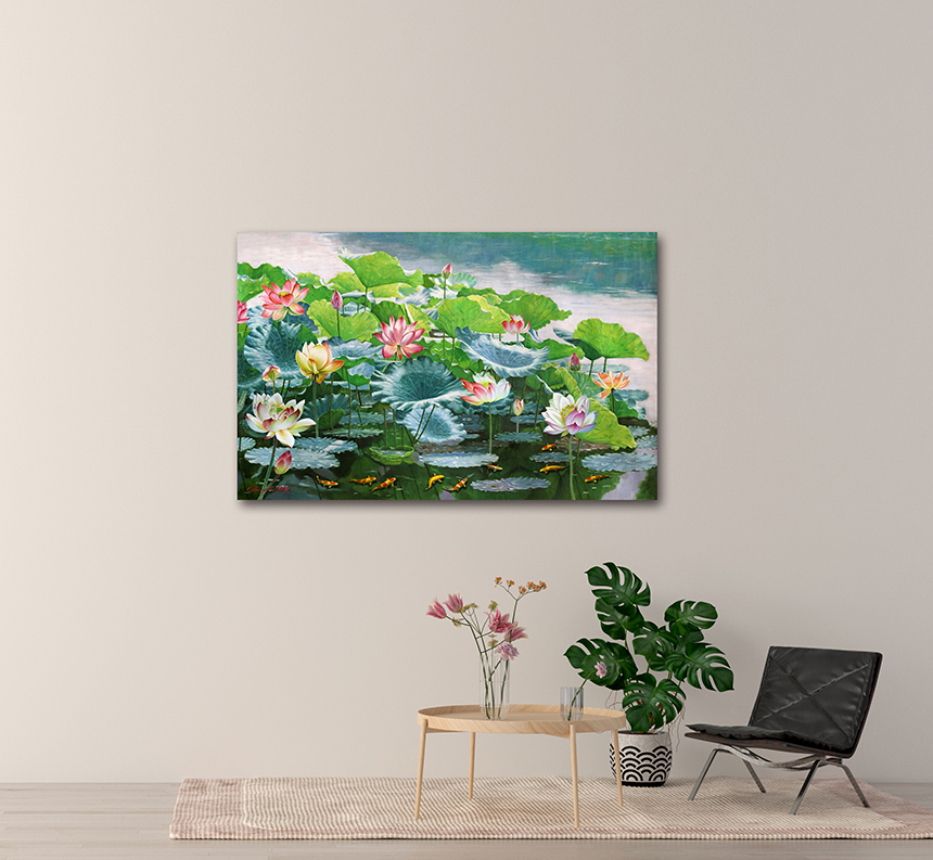 잉어그림 연꽃 구어도 황금잉어 돈들어오는 재물 풍수 그림 소형 41x27cm - 상품 이미지