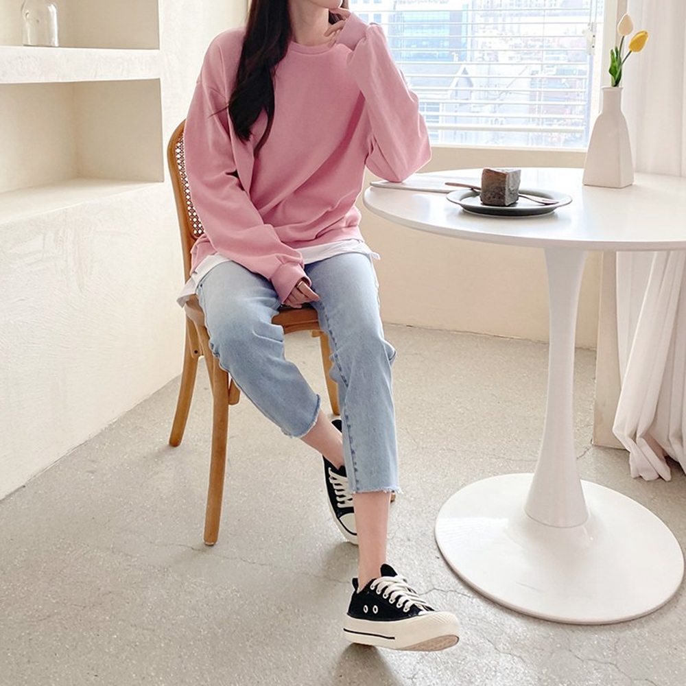 언발 배색 빅사이즈 오버핏 박스 라운드 옆트임 레이어드 맨투맨 롱 티셔츠 봄 가을 4컬러 - 상세 이미지 2