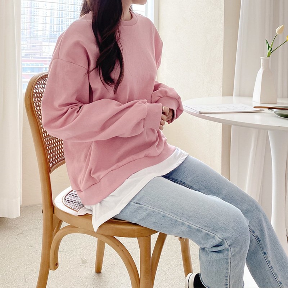 언발 배색 빅사이즈 오버핏 박스 라운드 옆트임 레이어드 맨투맨 롱 티셔츠 봄 가을 4컬러 - 상세 이미지 3