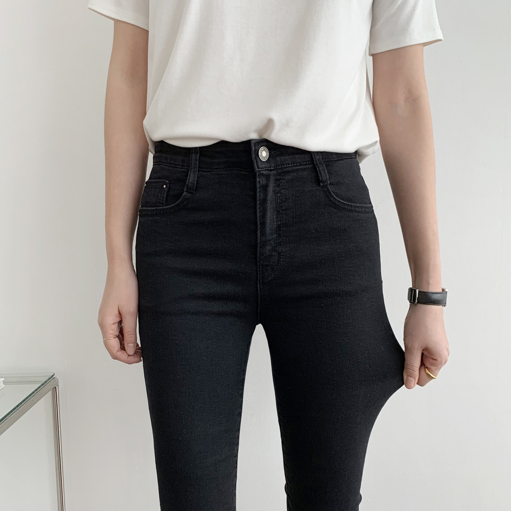겨울 흑청 데님 여성블랙진 컷팅 9부 스판 키작녀 여자기모청바지 흑청바지 스키니 밴딩진