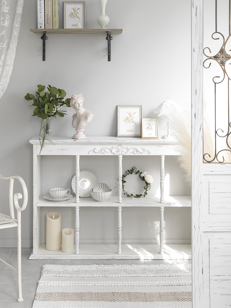 루이 프렌치 엔틱 빈티지 화이트 원목 우드 직사각 인테리어 2단 북케이스 오픈 콘솔 장식장 선반 책꽂이 낮은책장