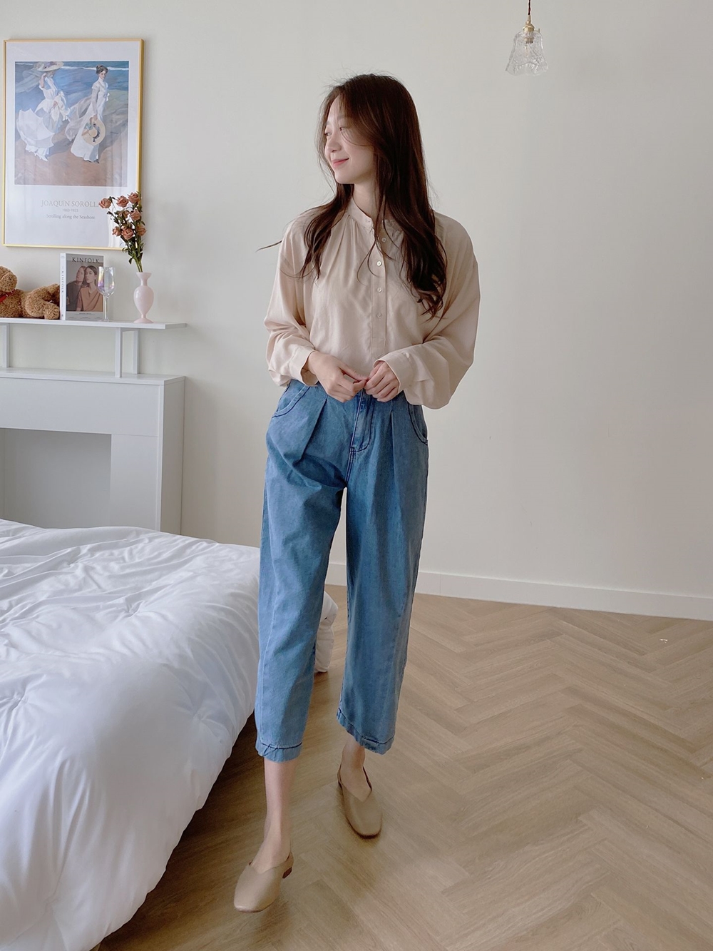 허리 히든 속 밴딩 밴드 핀턱 와이드 통바지 배기 9부 봄 편한 빈티지 워싱 키작녀 데님 - 상세 이미지 2