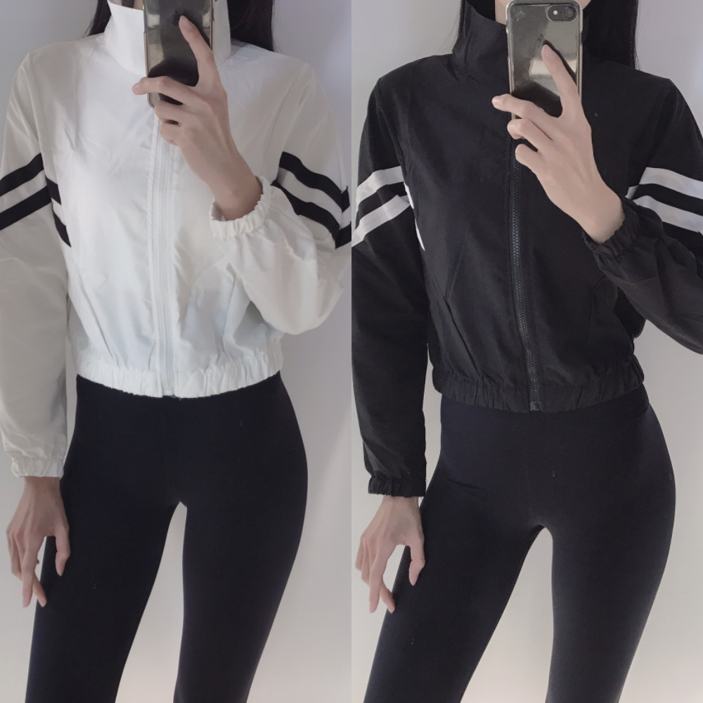 로라벨 배색 숏 아노락 필라테스 복 요가 커버업 크롭 탑 옷 헬스 운동복 티 여성 상의 - 메인 이미지