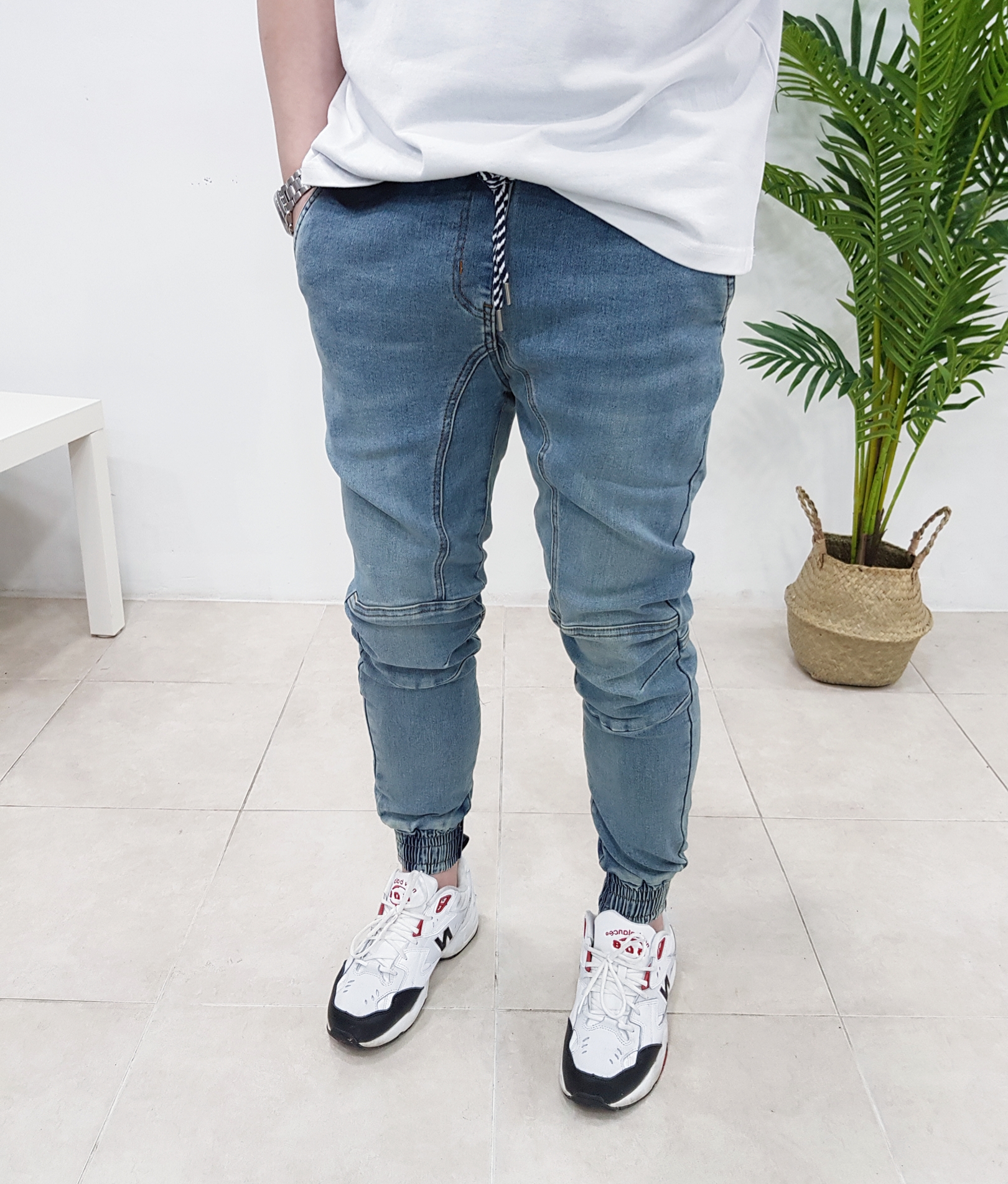 밴딩 스판 무릎 절개 데님 조거팬츠 Size S-4XL - 상세 이미지 3