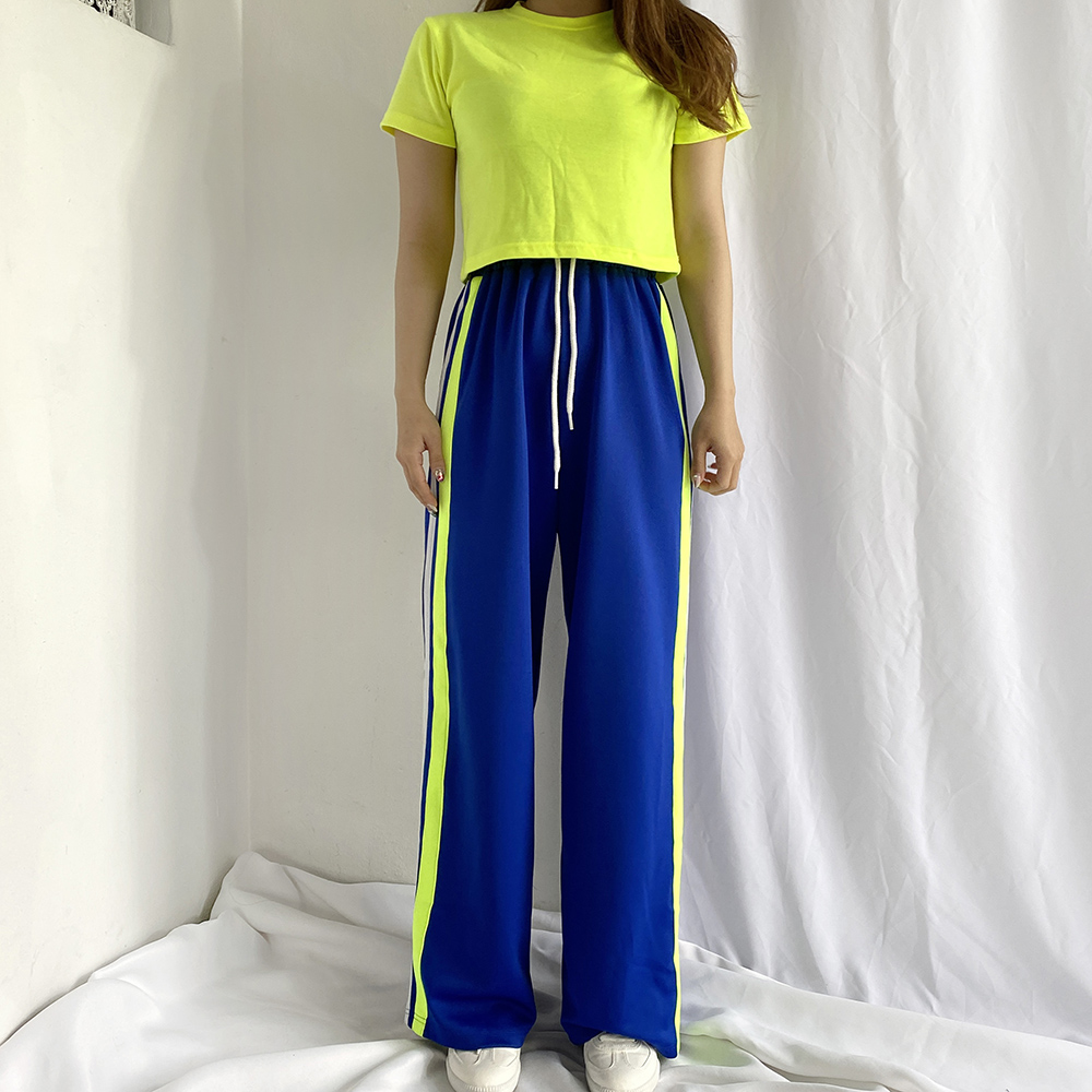 투라인 형광 배색 밴딩 트레이닝 트랙 와이드팬츠 (블루/화이트) - 상세 이미지 4