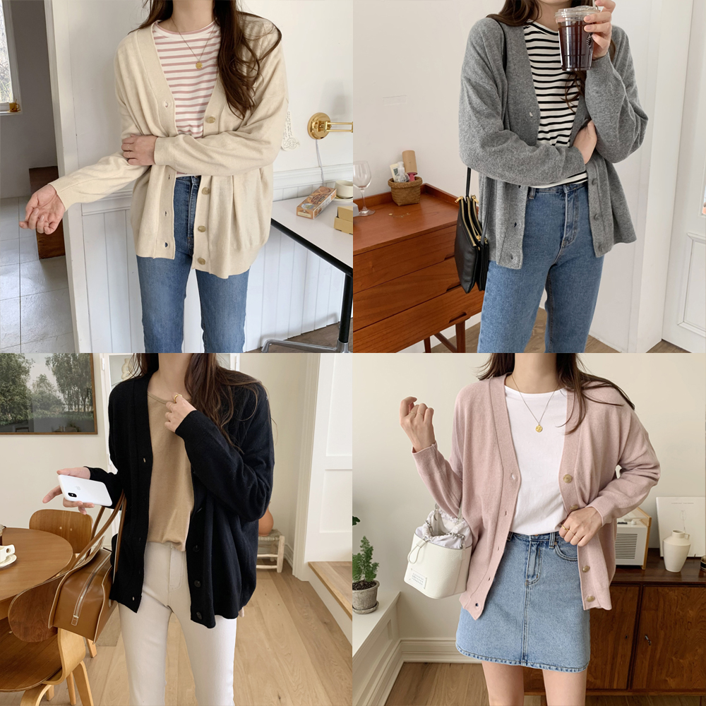 오버핏 간절기 울 캐시미어 여성 니트가디건 브이넥 가을 여자 가디건 핑크 베이지