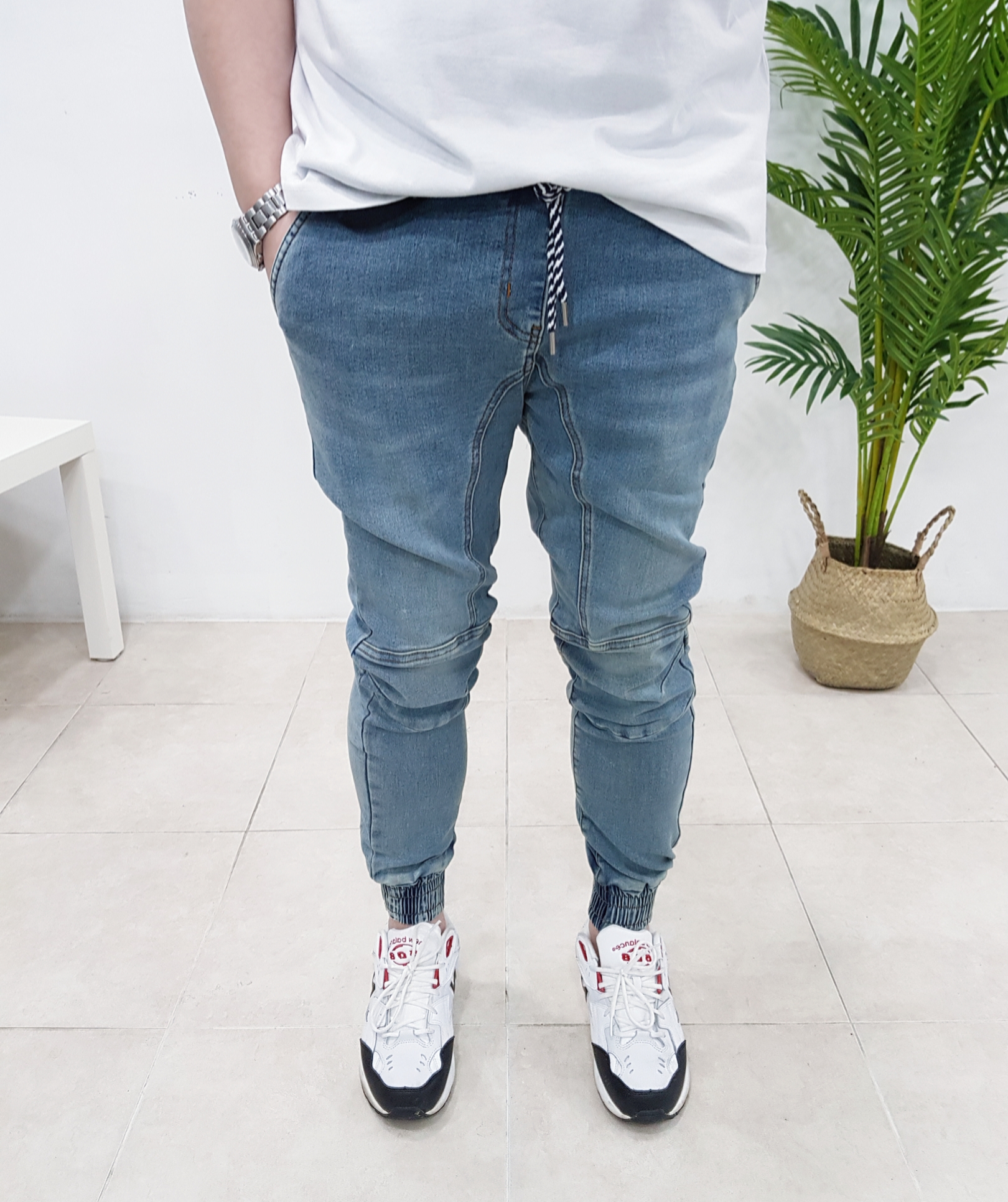밴딩 스판 무릎 절개 데님 조거팬츠 Size S-4XL - 상세 이미지 2