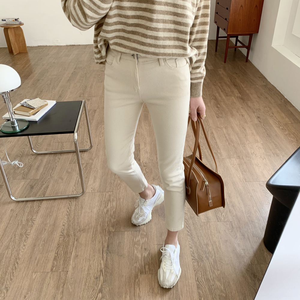 하이웨스트 슬림 일자 밴딩바지 여성 면팬츠 편한 고무줄팬츠 베이지 아이보리 - 상세 이미지 5