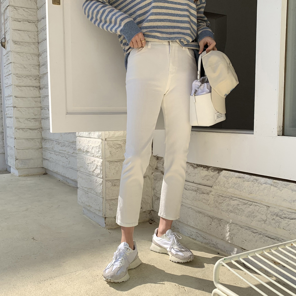 하이웨스트 코튼 스판 밴딩바지 일자팬츠 9부 편한 키자녀바지 여성 면팬츠 화이트 - 상세 이미지 3
