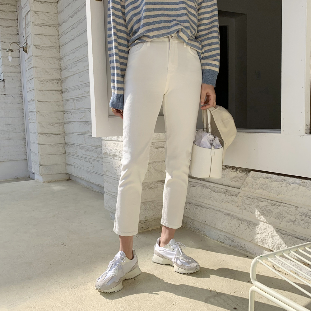 하이웨스트 코튼 스판 밴딩바지 일자팬츠 9부 편한 키자녀바지 여성 면팬츠 화이트 - 상세 이미지 2