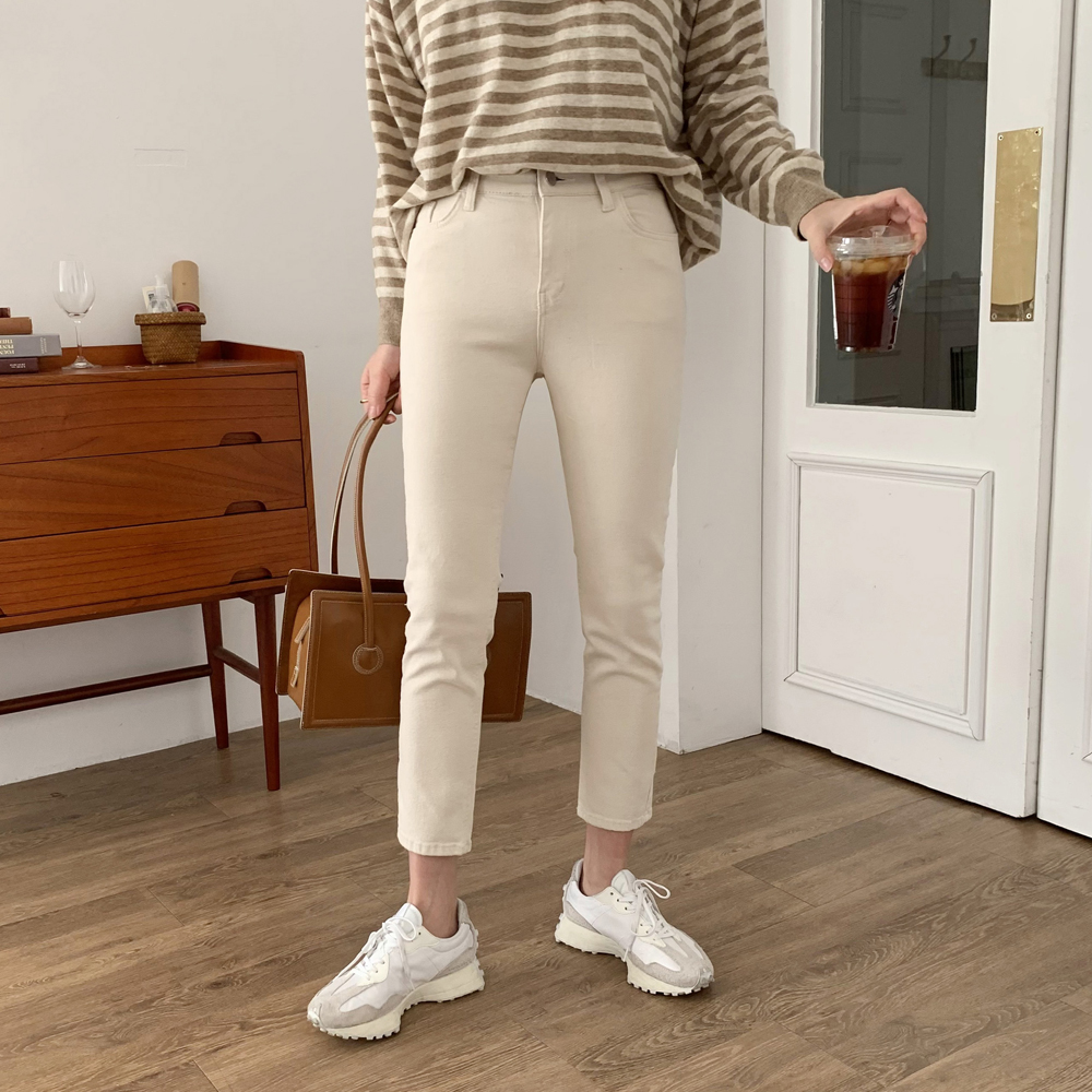 하이웨스트 슬림 일자 밴딩바지 여성 면팬츠 편한 고무줄팬츠 베이지 아이보리 - 상세 이미지 4