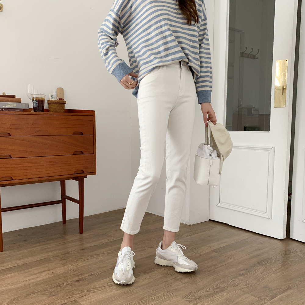 하이웨스트 코튼 스판 밴딩바지 일자팬츠 9부 편한 키자녀바지 여성 면팬츠 화이트 - 상품 이미지