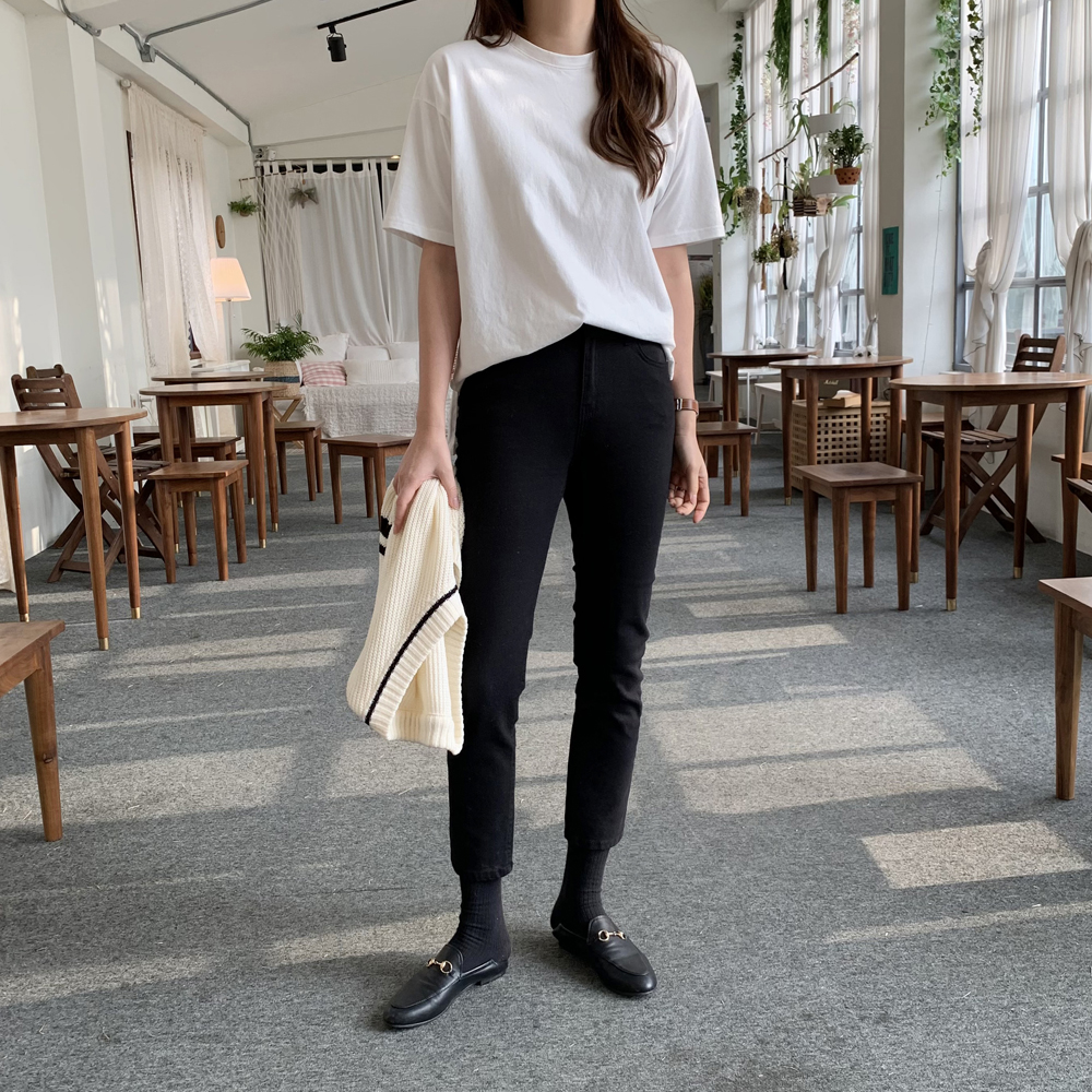 하이웨스트 코튼 스판 밴딩바지 일자팬츠 9부 편한 키자녀바지 여성 면팬츠 화이트 - 상세 이미지 4