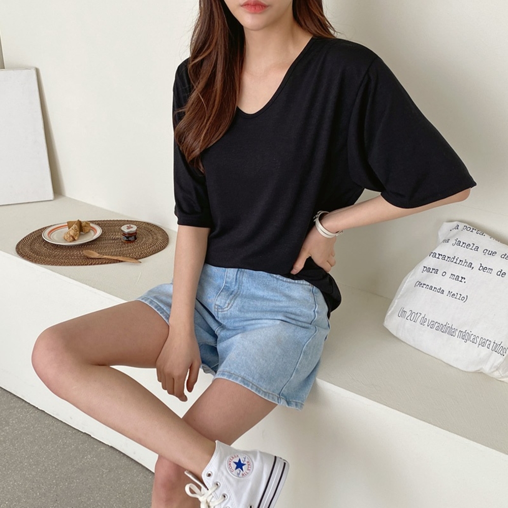 기본 무지 유브이넥 반팔 롱 티셔츠 이너 레이어드 티셔츠 - 상세 이미지 4