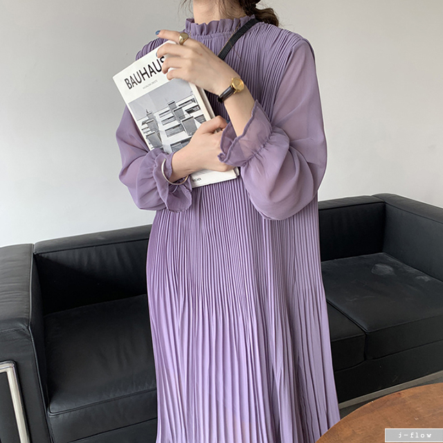 라벤더 플리츠 주름 쉬폰 롱원피스 3col 봄 가을 루즈핏 임산부 허리끈 제이플로우 - 상품 이미지