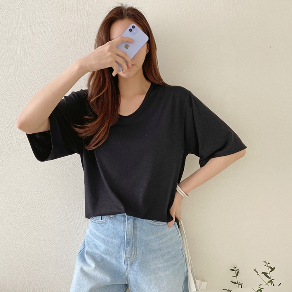 기본 무지 유브이넥 반팔 롱 티셔츠 이너 레이어드 티셔츠 - 상품 이미지