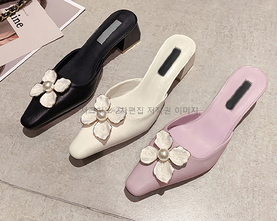 (이벤트225) 프리센 5cm 스퀘어토 플라워 통굽 슬리퍼 뮬 3color 상세 이미지 1