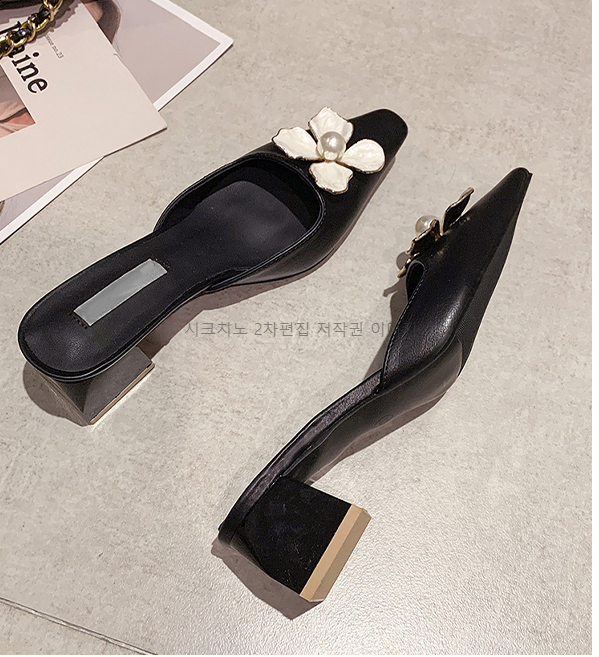 (이벤트225) 프리센 5cm 스퀘어토 플라워 통굽 슬리퍼 뮬 3color 상세 이미지 12