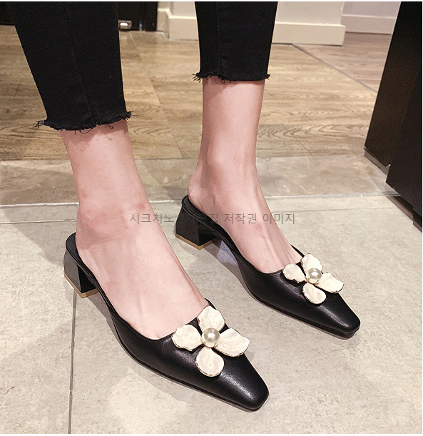 (이벤트225) 프리센 5cm 스퀘어토 플라워 통굽 슬리퍼 뮬 3color 상세 이미지 8