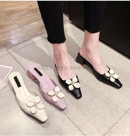 (이벤트225) 프리센 5cm 스퀘어토 플라워 통굽 슬리퍼 뮬 3color 상세 이미지 3