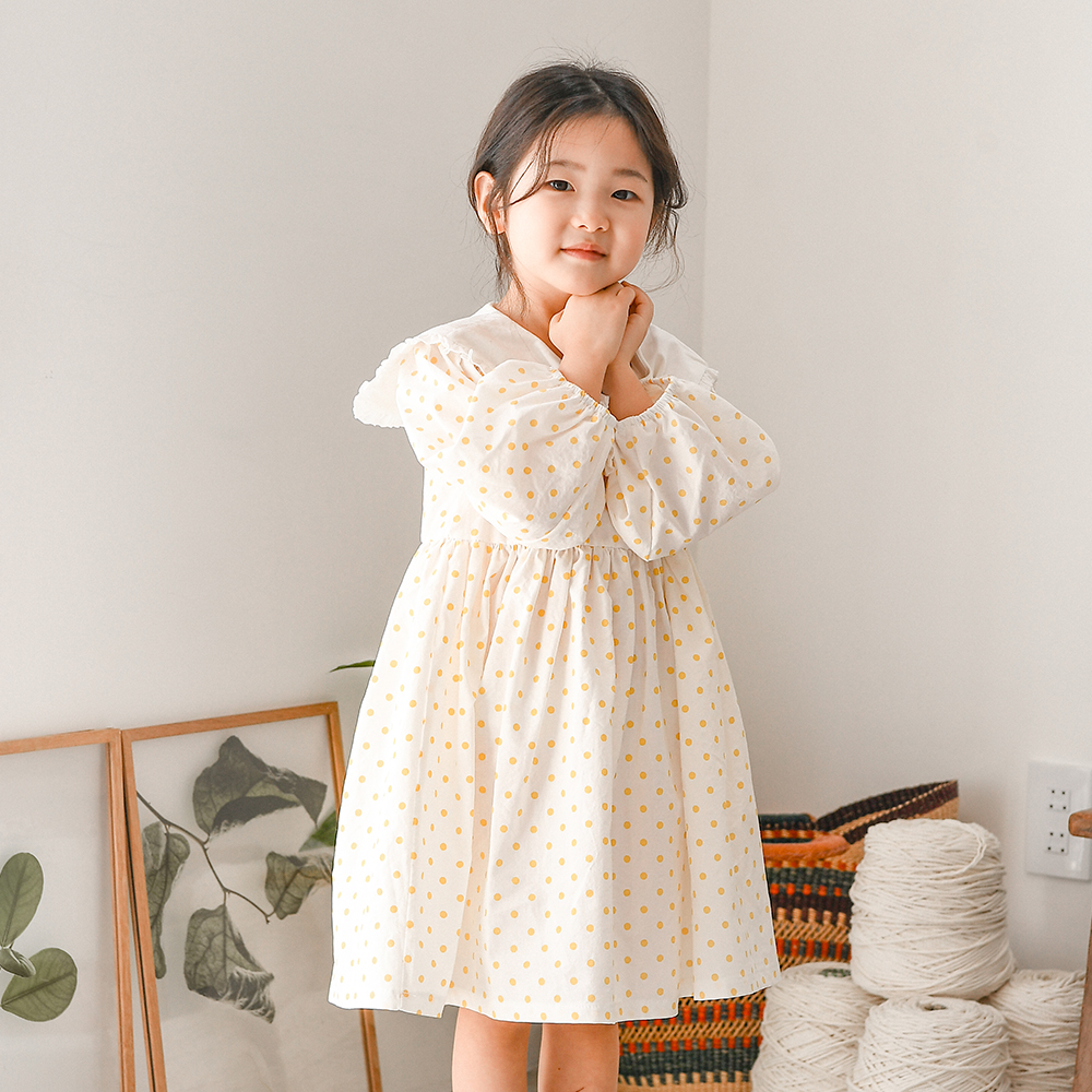 린 도트 케이프 원피스 오가닉 옐로우 그린 여아 아동 베이직 기본 루즈핏 면 프릴 스퀘어 카라