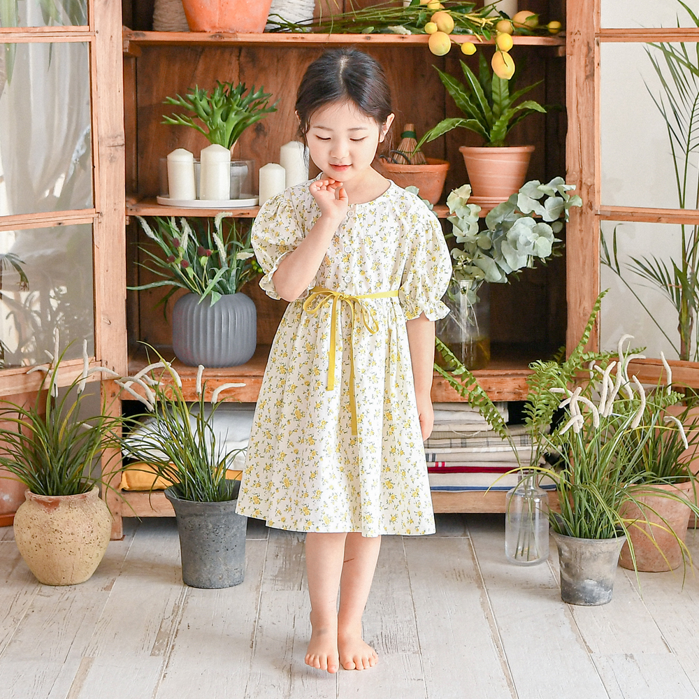 레몬 원피스 꽃무늬 반팔 오가닉 옐로우 여아 아동 잔꽃 플라워 보통핏 면
