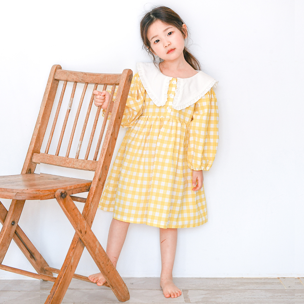 라임 체크 원피스 브이 케이프 옐로우 민트 여아 아동 베이직 기본 루즈핏 면 프릴 빅카라