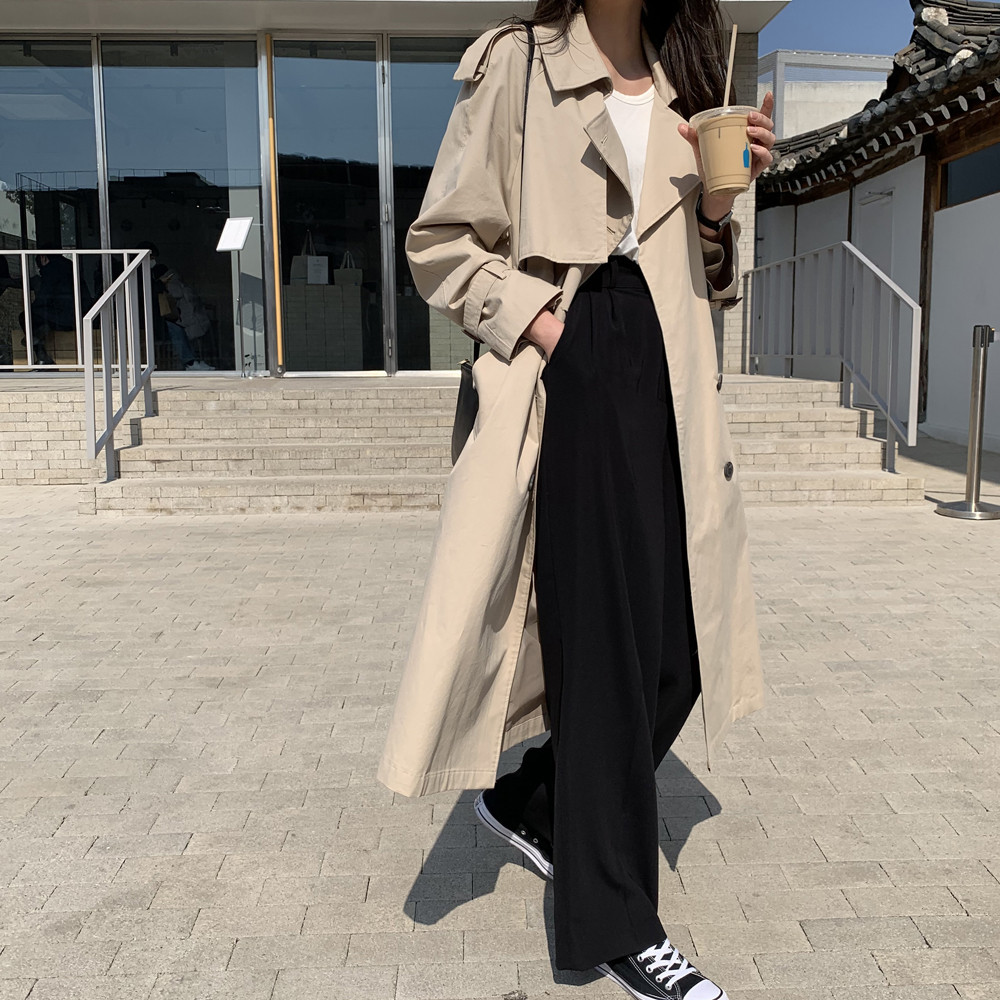 오버핏 바스락 면 바바리 더블 롱 여성 트렌치코트 여자 가을 코트 간절기코트 베이지 블랙
