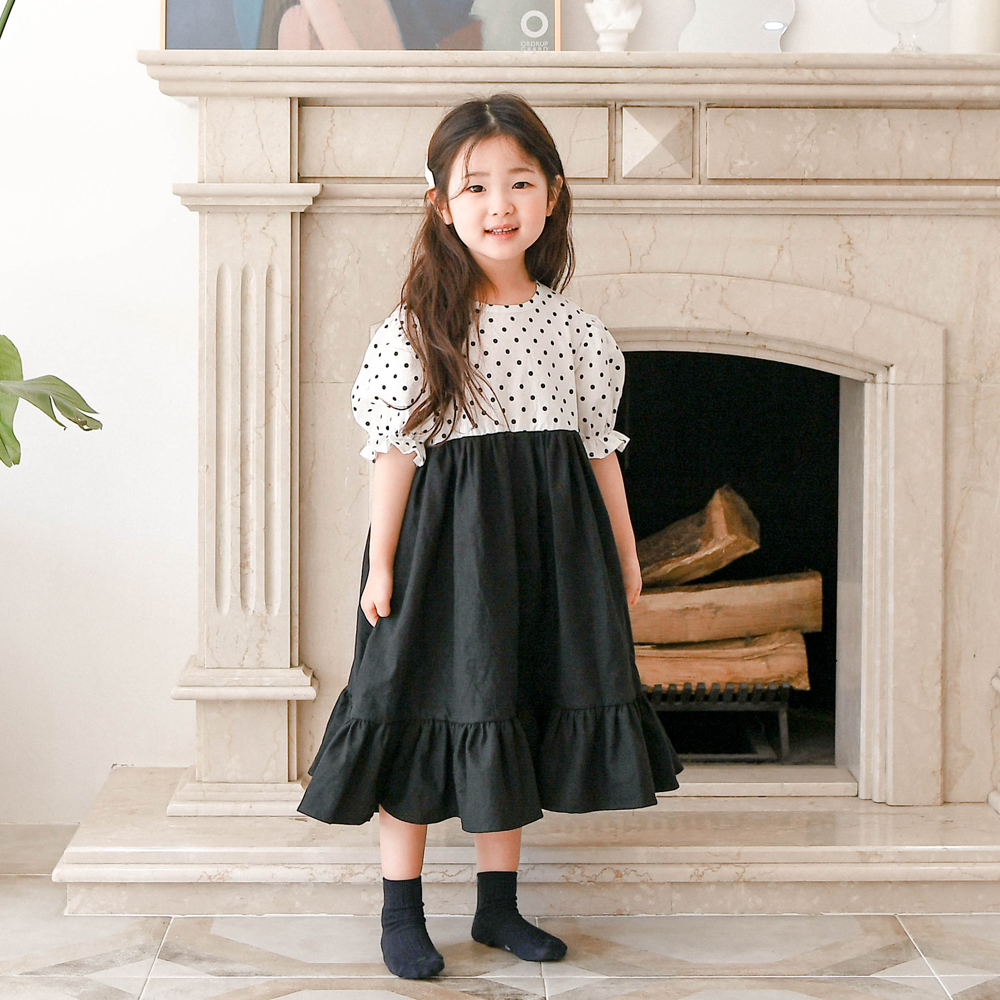 트로핀 도트 원피스 오가닉 여아 아동 블랙 앤 화이트 베이직 기본 보통핏 면