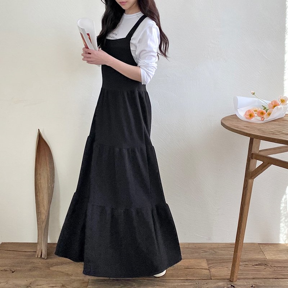 민소매 나시 멜빵 스퀘어넥 A라인 캉캉 맥시 롱 원피스 - 상세 이미지 3
