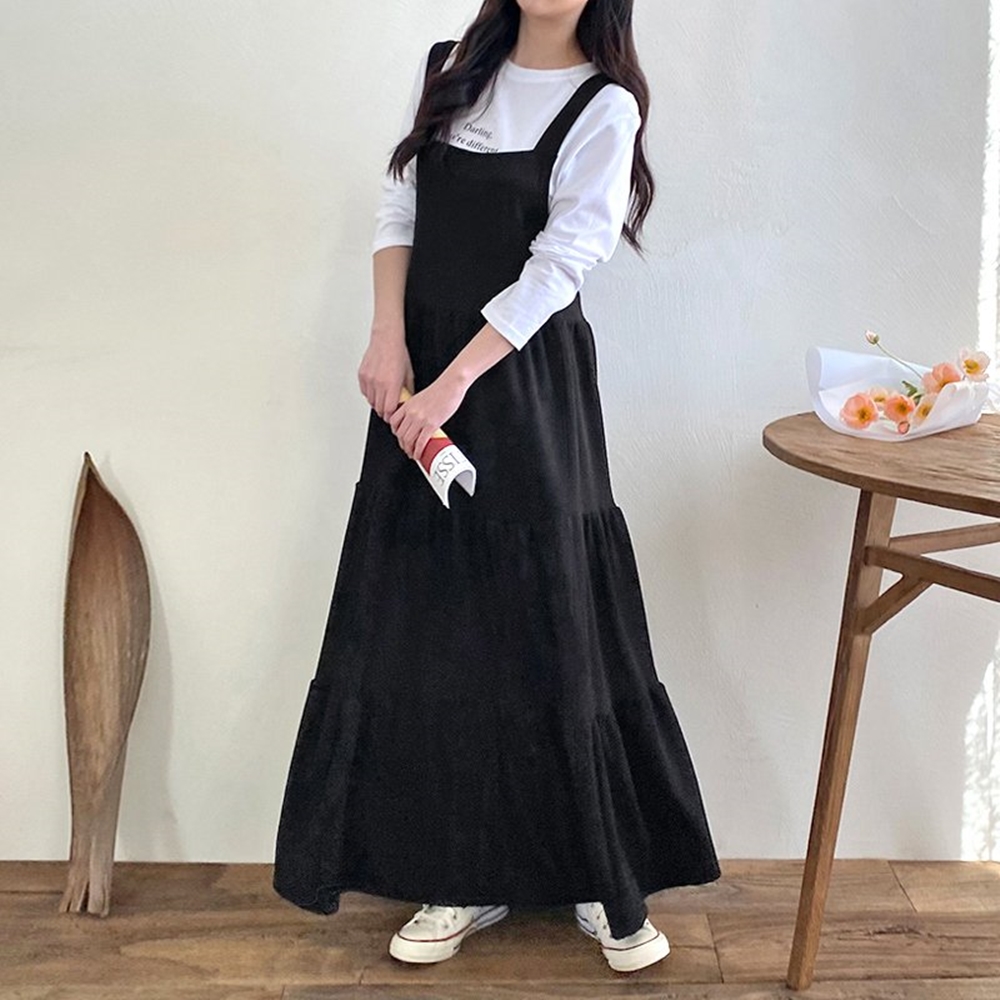 민소매 나시 멜빵 스퀘어넥 A라인 캉캉 맥시 롱 원피스 - 상품 이미지