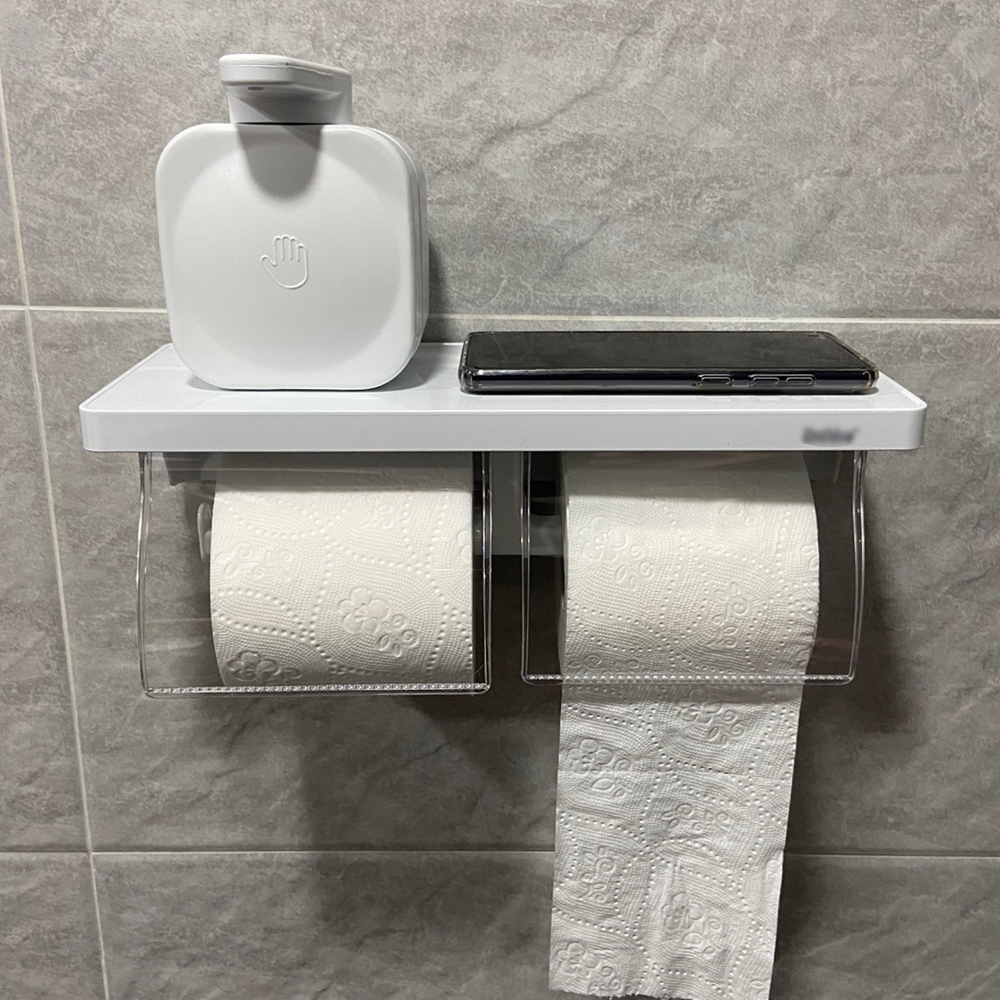 선반형 화장실 휴지걸이 핸드폰거치 무타공 부착 접착방식 (30182) 화이트 휴지걸이