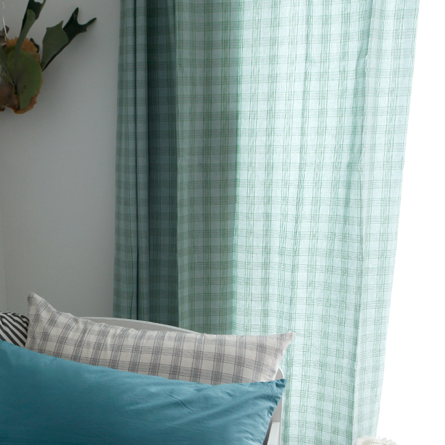 레트로타탄 체크 민트 아이방 안방 커튼 핀스타일 가로140세로150 빈티지 맞춤제작