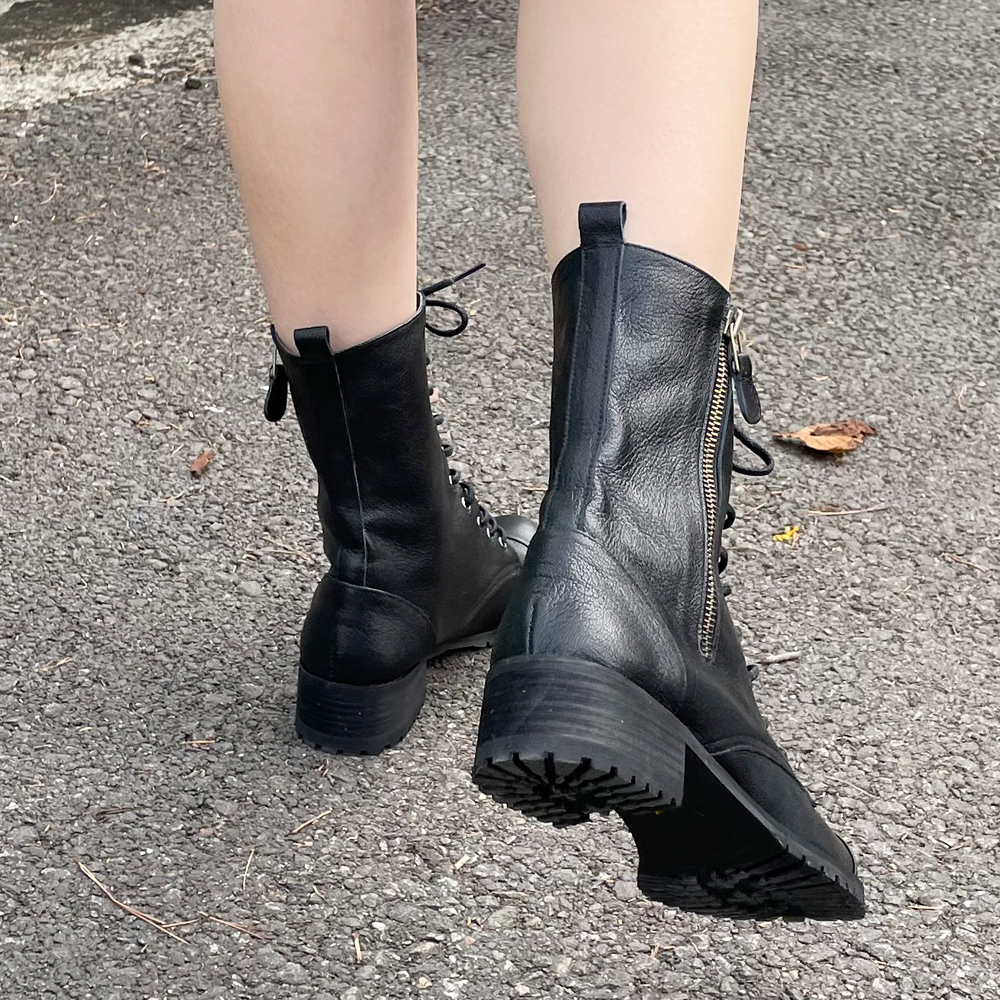 천연소가죽 발편한 지퍼 레이스업 베이직 플랫워커 4cm - 상세 이미지 4