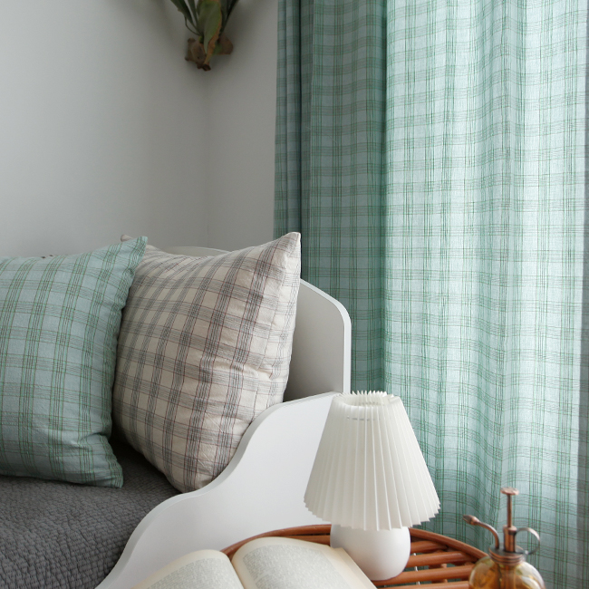 레트로타탄 체크 민트 아이방 안방 커튼 핀스타일 가로140세로150 빈티지 맞춤제작