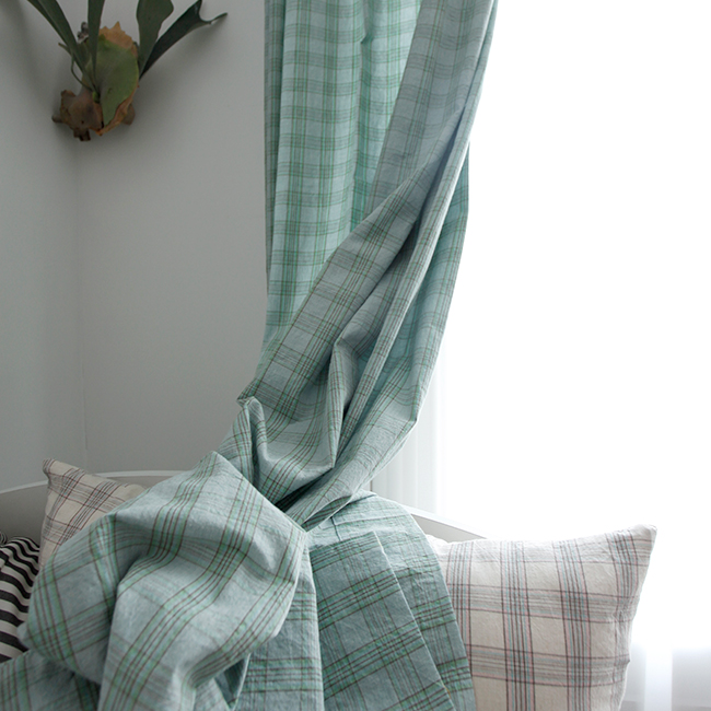 레트로타탄 체크 민트 아이방 안방 커튼 핀스타일 가로140세로150 빈티지 맞춤제작