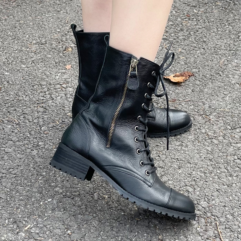 천연소가죽 발편한 지퍼 레이스업 베이직 플랫워커 4cm