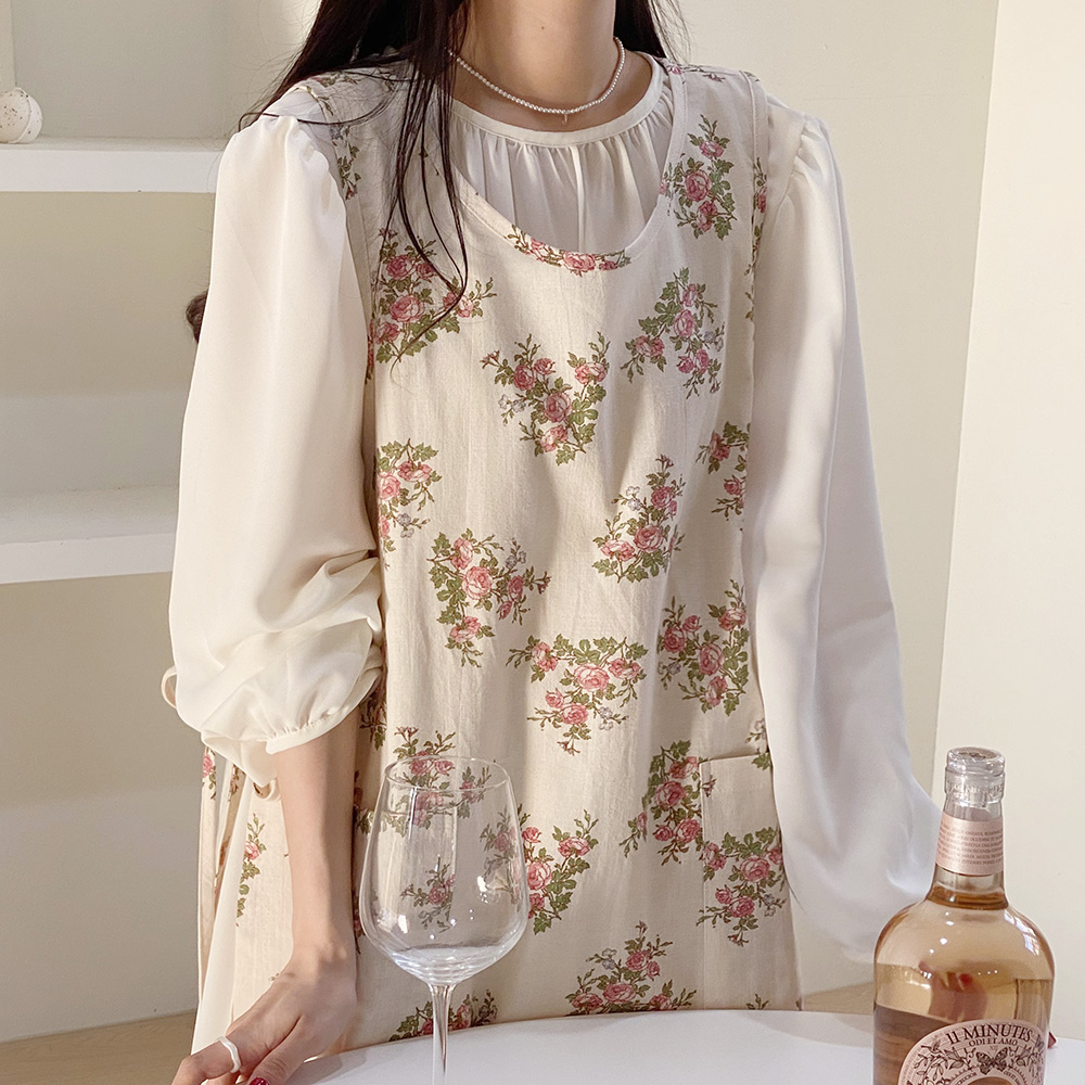 한스데이 플라워 롱 트임 앞치마 어린이집 유치원 원피스 에이프런 보라낙엽