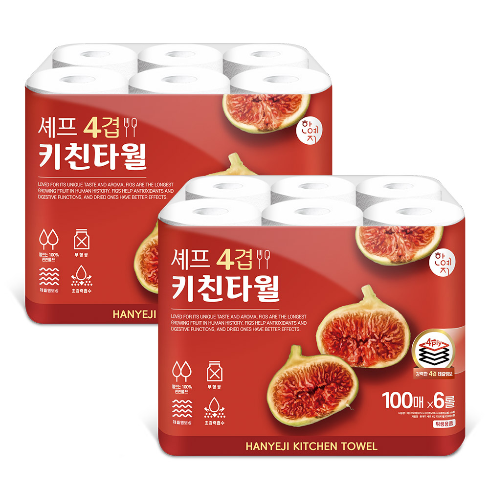 한예지 천연펄프 4겹 셰프 키친타올 100매 6롤 600매, 2팩 - 상세 이미지 2