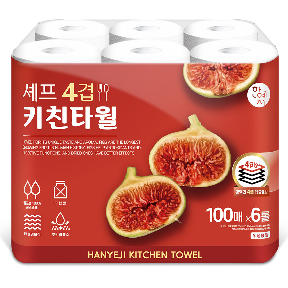 한예지 천연펄프 4겹 셰프 키친타올 100매 6롤 600매, 1팩 - 상세 이미지 2