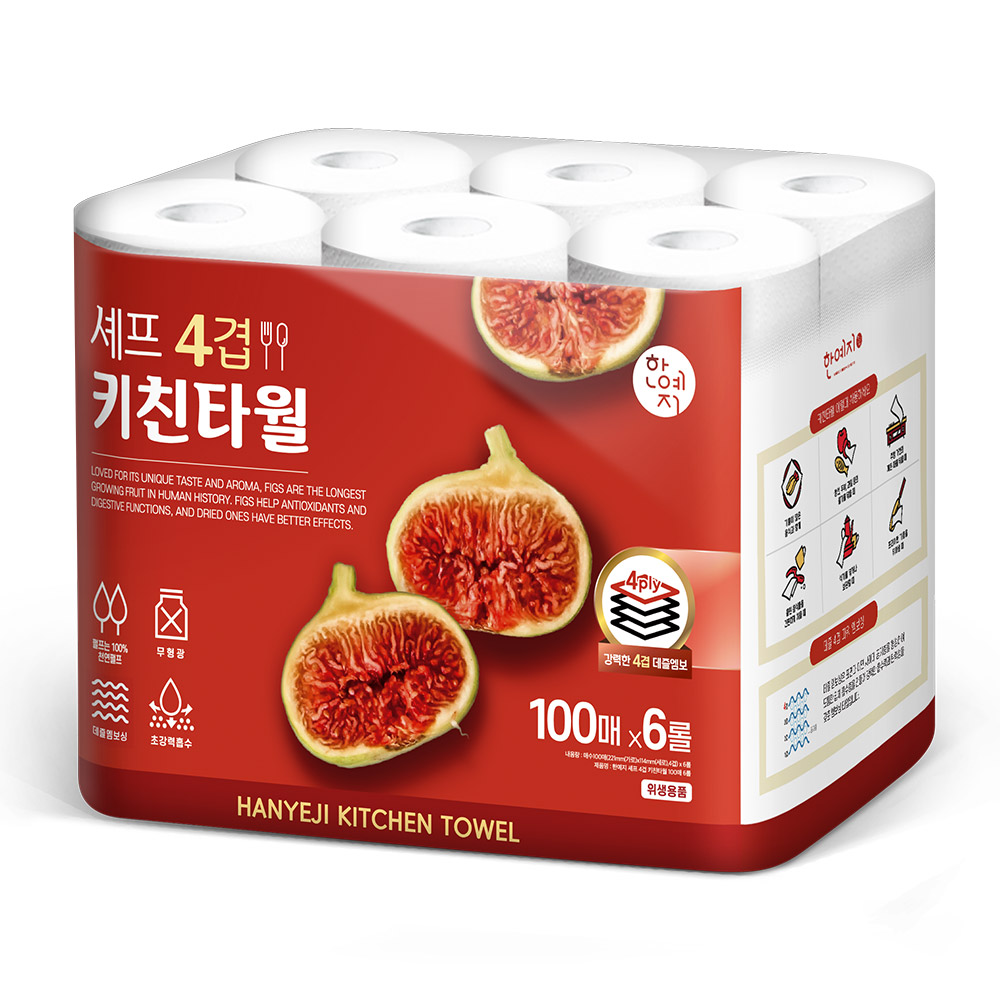 한예지 천연펄프 4겹 셰프 키친타올 100매 6롤 600매, 4팩 - 상세 이미지 3