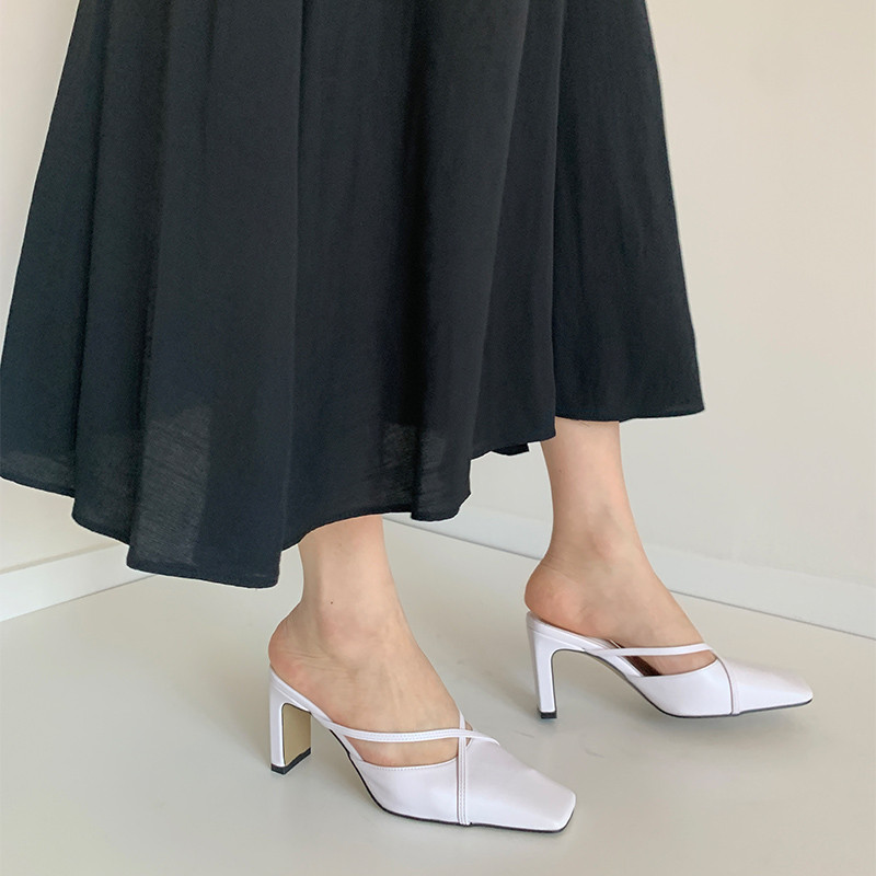 스퀘어 엑스자 스트랩 끈 뮬 블로퍼 샌들힐 8cm/4color 상세 이미지 1